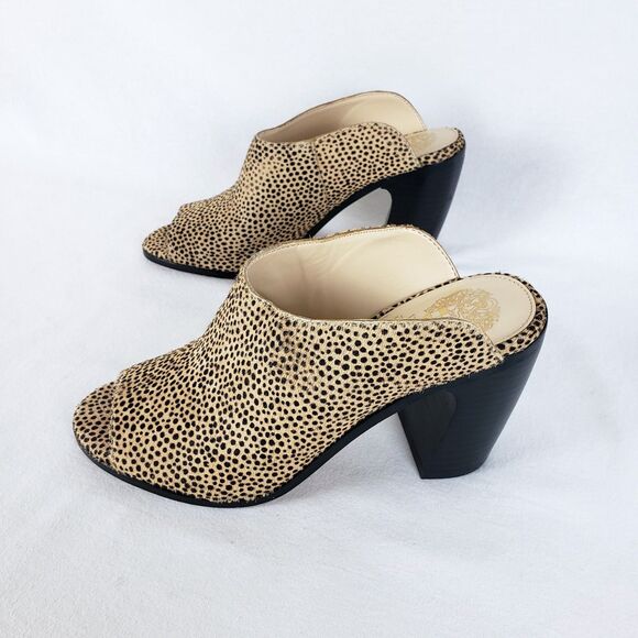 Vince Camuto Peep Toe Mules Womens 8 Cheetah Calf Hair Animal Print Boho Glam - Picture 1 of 12